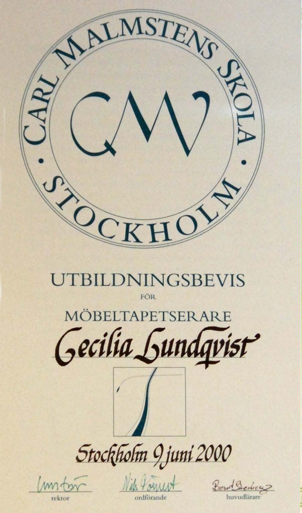 Carl Malmstens Skola, utbildningsbevis Cecilia Thulin